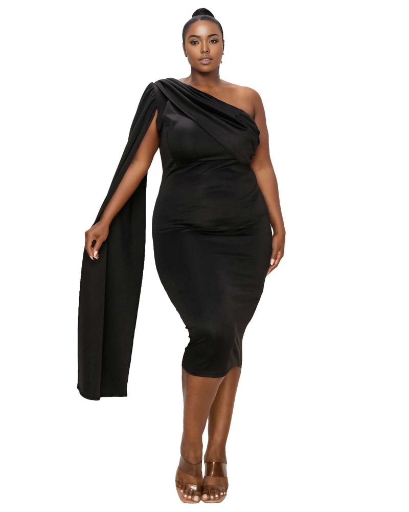 Front of a model wearing a size 3X Spade One Shoulder Cape Dress in Black by L I V D. | dia_product_style_image_id:363770